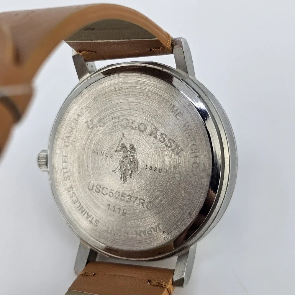 US Polo Assn Men's Watch 46MM Blue Dial Brown Faux Leather Bands New Battery